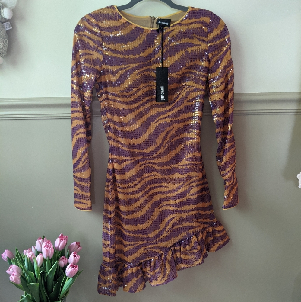 Just Cavalli Purple Orange Asymmetrical Mini Dress NWT Sz 6